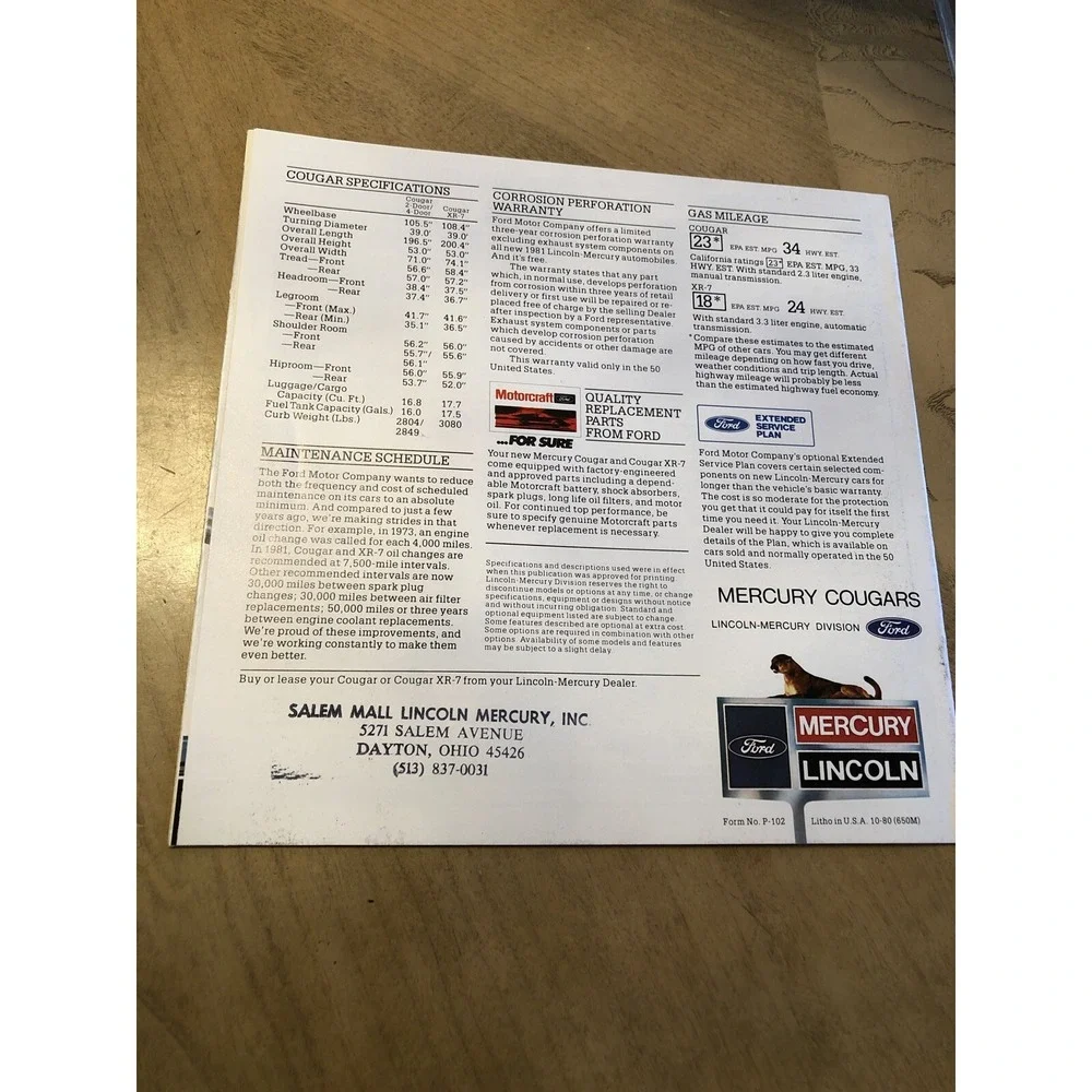 1981 Lincoln-Mercury Cougars XR-7 Inspired Sedan 3.3 Liter AT Car Sale Brochure